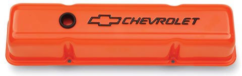 PROFORM SBC Valve Covers Tall w/Baffle Orange 141-784 Bowtie Logo Steel